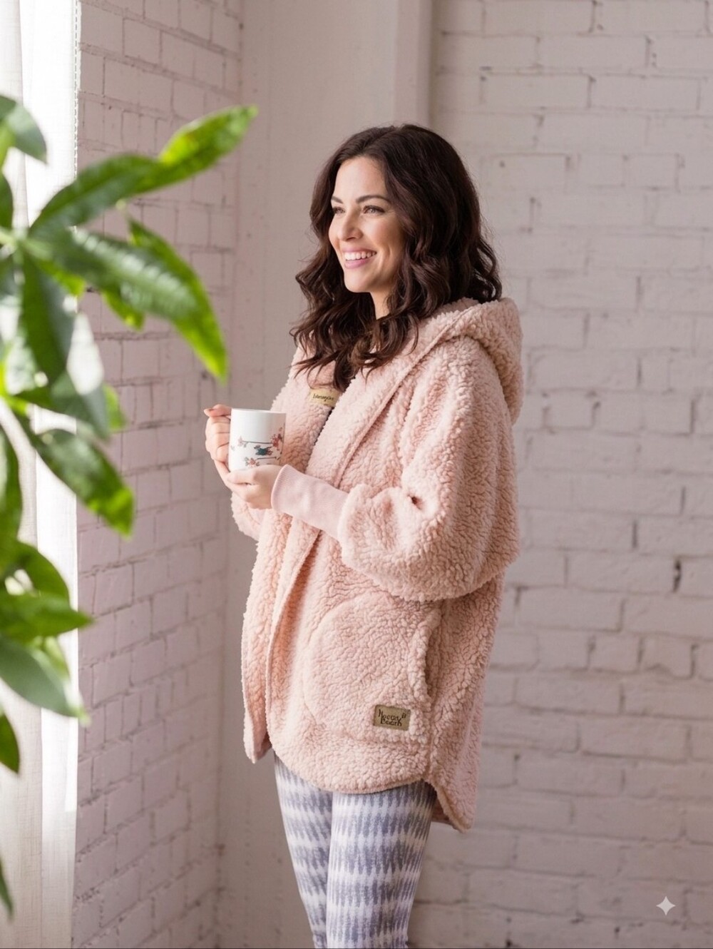 NORDIC BEACH Hooded Body Wrap Sweater Jacket Peach Beige One Size Cozy Sherpa